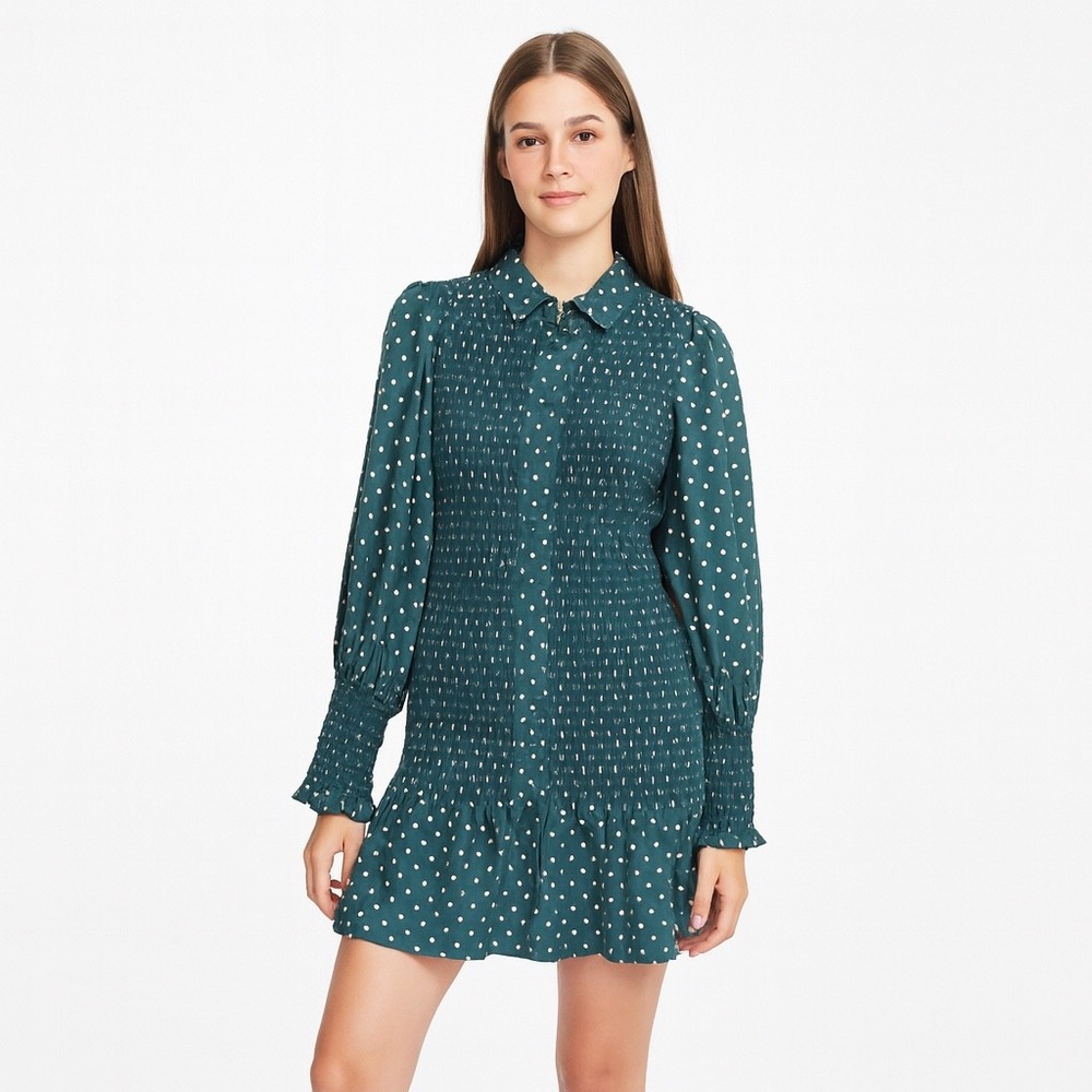 ASOS Smocked Polka Dot‎ Green Mini Dress Long Sleeves Collared Button Size 4